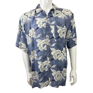 Jack Hollywood Vintage Hawaiian Shirt Hibiscus Floral Rayon Blue Aloha Large Y2K